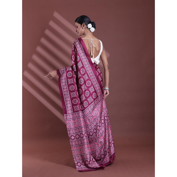 CHARUKRITI Burgundy Silk Soft Printed Saree with Unstitched Blouse