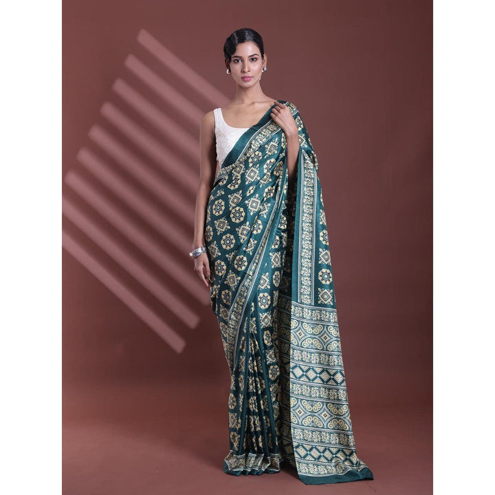 CHARUKRITI Green Silk Soft Printed Saree with Unstitched Blouse