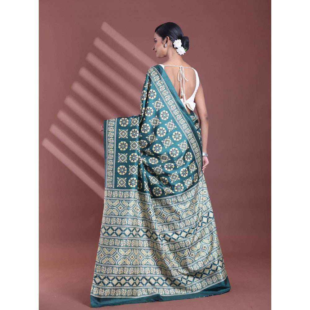 CHARUKRITI Green Silk Soft Printed Saree with Unstitched Blouse