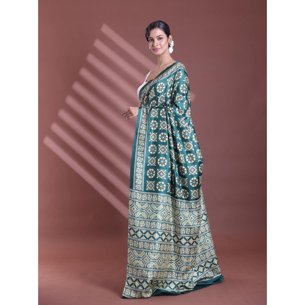 CHARUKRITI Green Silk Soft Printed Saree with Unstitched Blouse