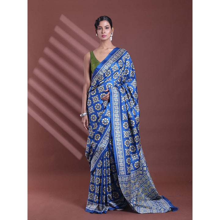 CHARUKRITI Blue Silk Soft Printed Saree with Unstitched Blouse