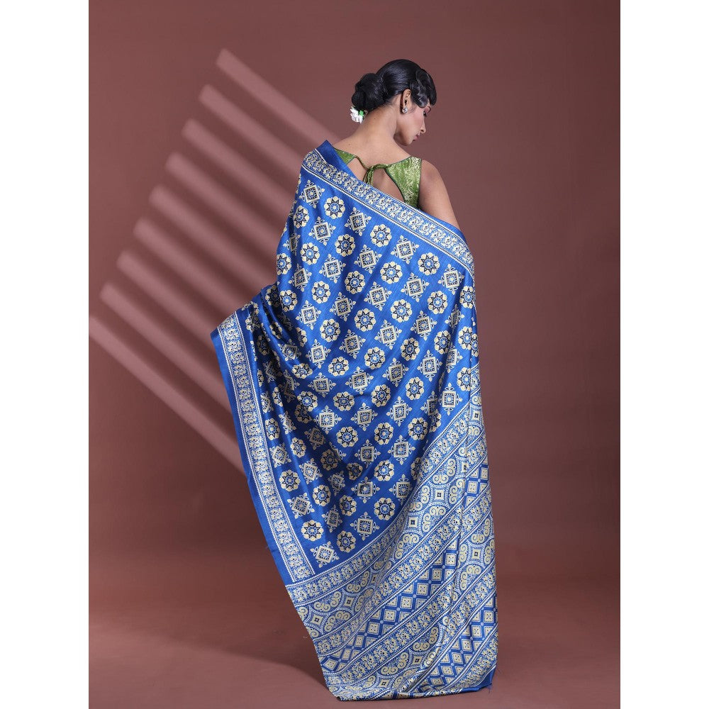 CHARUKRITI Blue Silk Soft Printed Saree with Unstitched Blouse