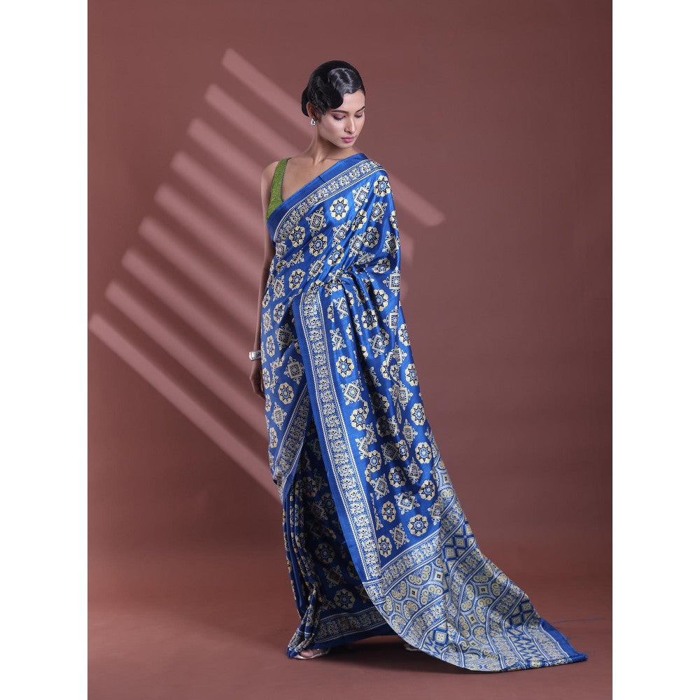 CHARUKRITI Blue Silk Soft Printed Saree with Unstitched Blouse