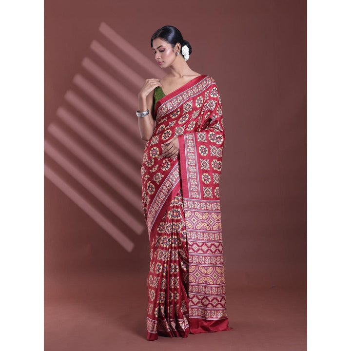 CHARUKRITI Dark Red Silk Soft Printed Saree with Unstitched Blouse