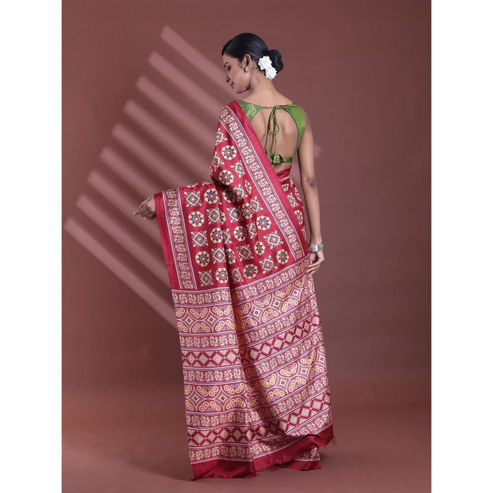 CHARUKRITI Dark Red Silk Soft Printed Saree with Unstitched Blouse