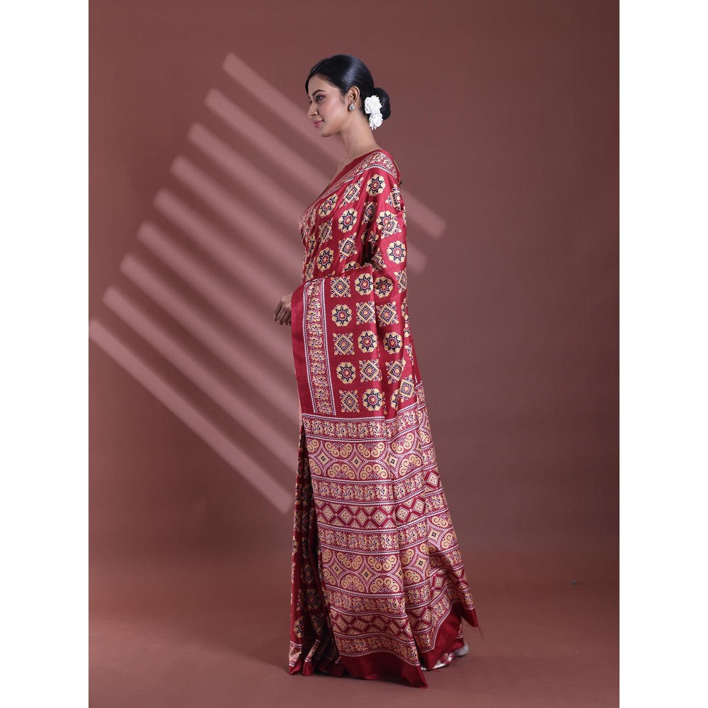 CHARUKRITI Dark Red Silk Soft Printed Saree with Unstitched Blouse