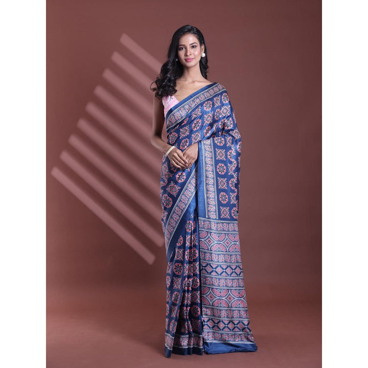 CHARUKRITI Dark Blue Silk Soft Printed Saree with Unstitched Blouse