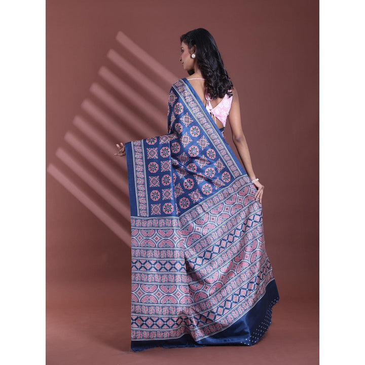 CHARUKRITI Dark Blue Silk Soft Printed Saree with Unstitched Blouse