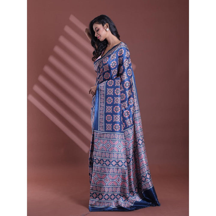 CHARUKRITI Dark Blue Silk Soft Printed Saree with Unstitched Blouse