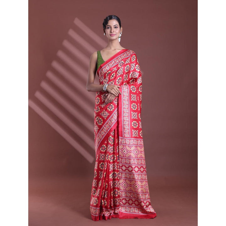 CHARUKRITI Red Silk Soft Printed Saree with Unstitched Blouse