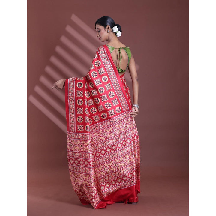 CHARUKRITI Red Silk Soft Printed Saree with Unstitched Blouse