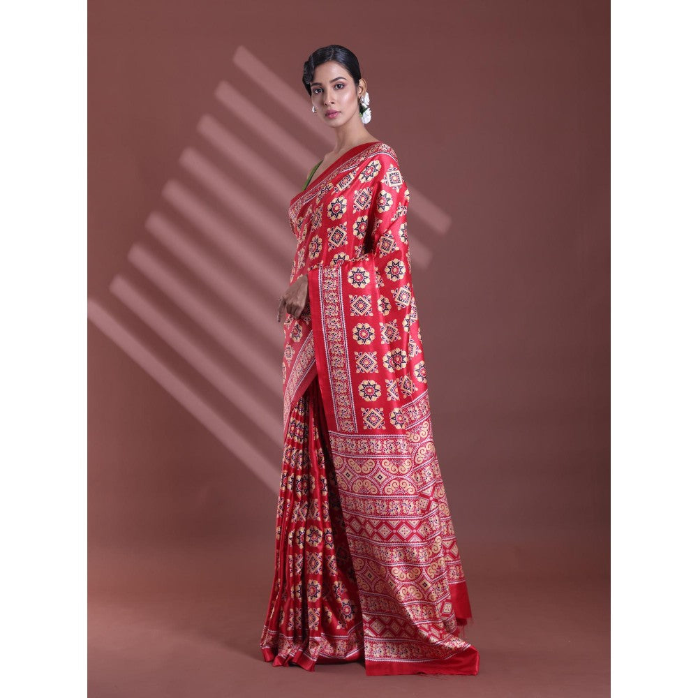 CHARUKRITI Red Silk Soft Printed Saree with Unstitched Blouse