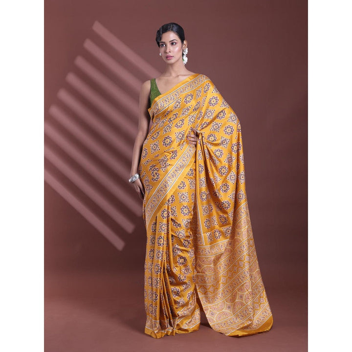 CHARUKRITI Mustard Silk Soft Printed Saree with Unstitched Blouse