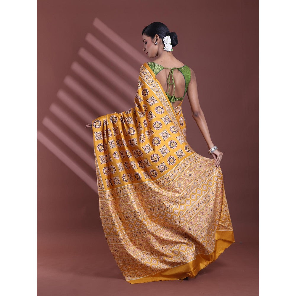 CHARUKRITI Mustard Silk Soft Printed Saree with Unstitched Blouse