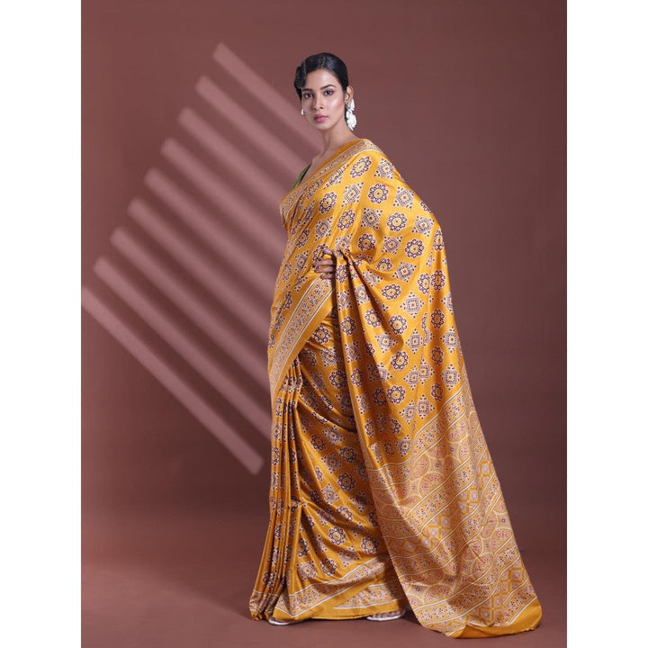 CHARUKRITI Mustard Silk Soft Printed Saree with Unstitched Blouse