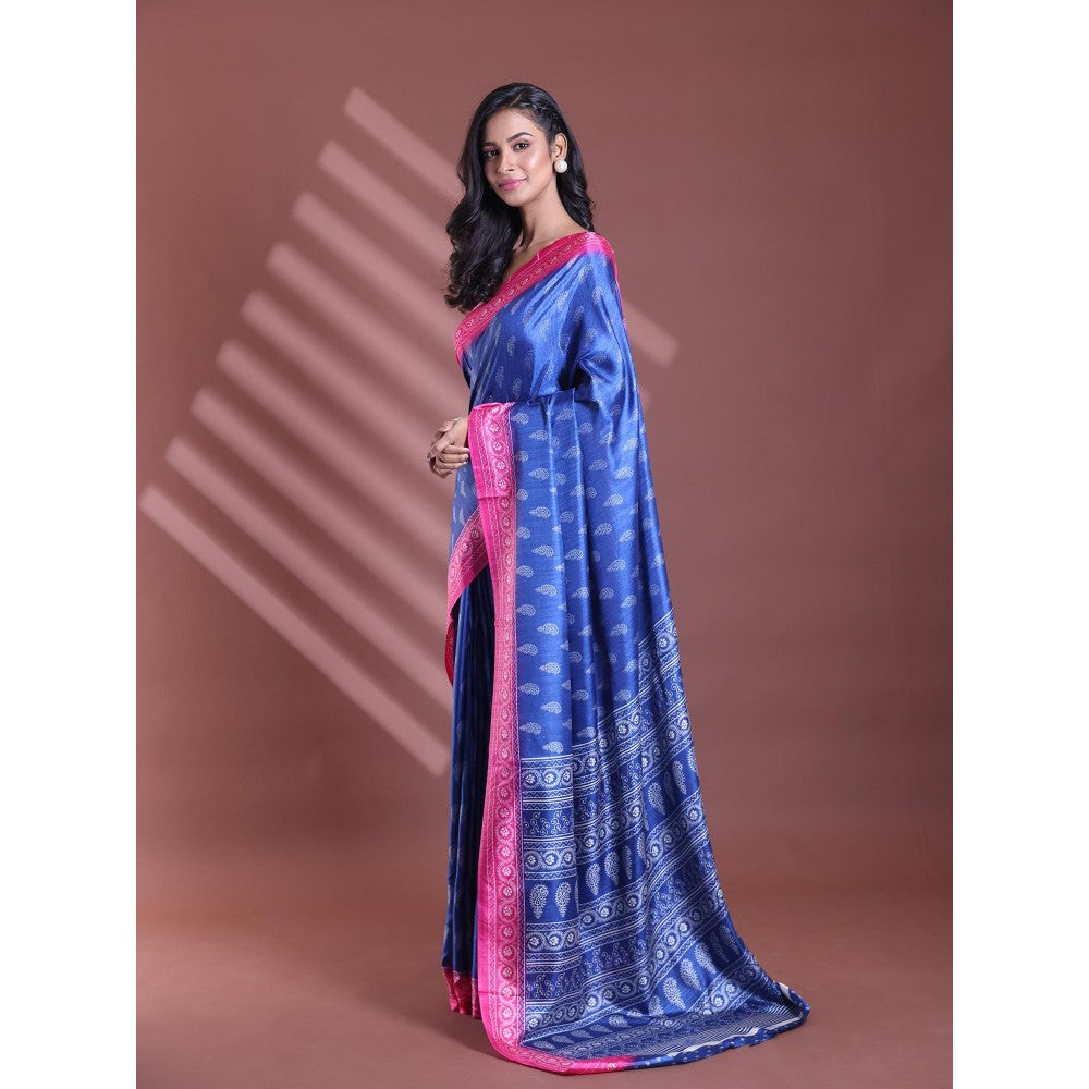 CHARUKRITI Blue Silk Soft Paisley Print Saree with Unstitched Blouse