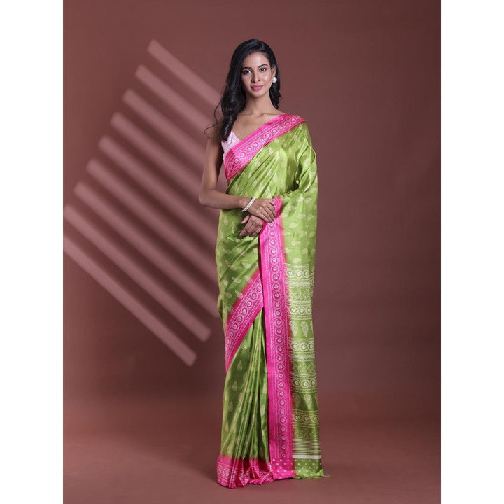 CHARUKRITI Green Silk Soft Paisley Print Saree with Unstitched Blouse