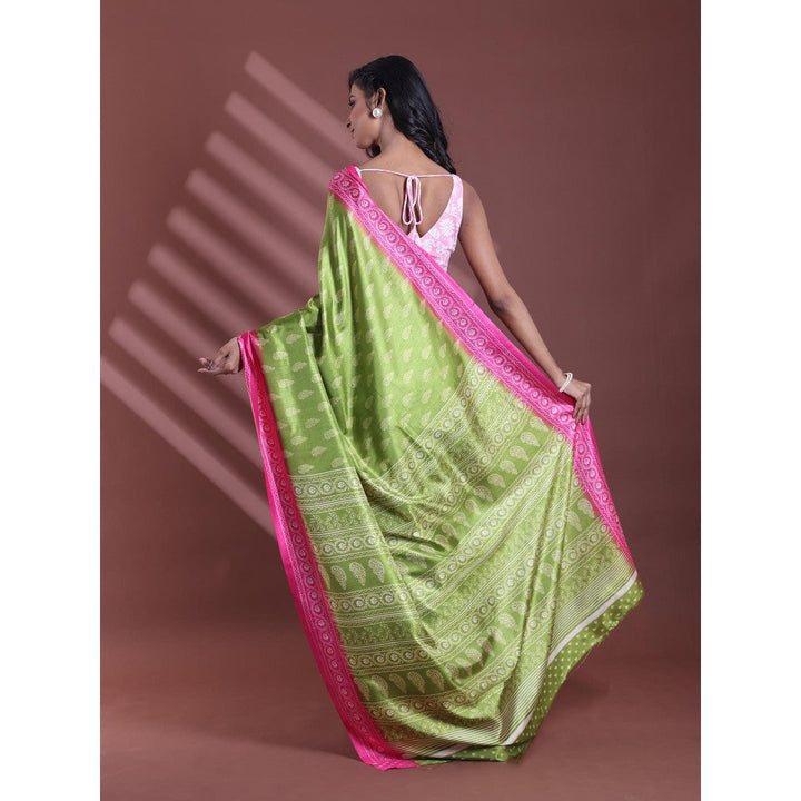 CHARUKRITI Green Silk Soft Paisley Print Saree with Unstitched Blouse