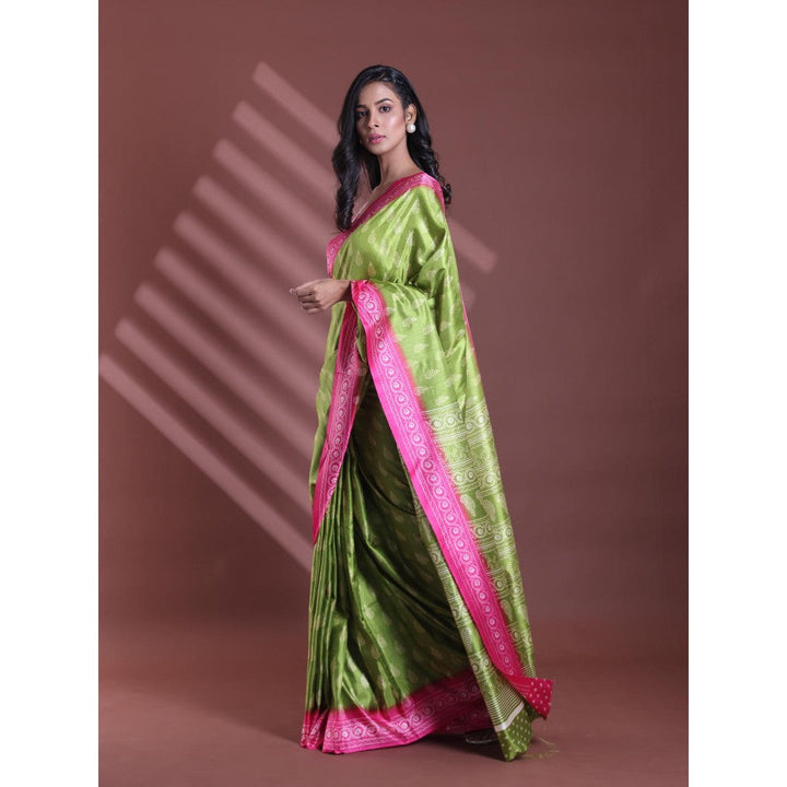 CHARUKRITI Green Silk Soft Paisley Print Saree with Unstitched Blouse