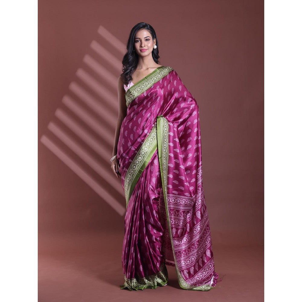 CHARUKRITI Burgundy Silk Soft Paisley Print Saree with Unstitched Blouse