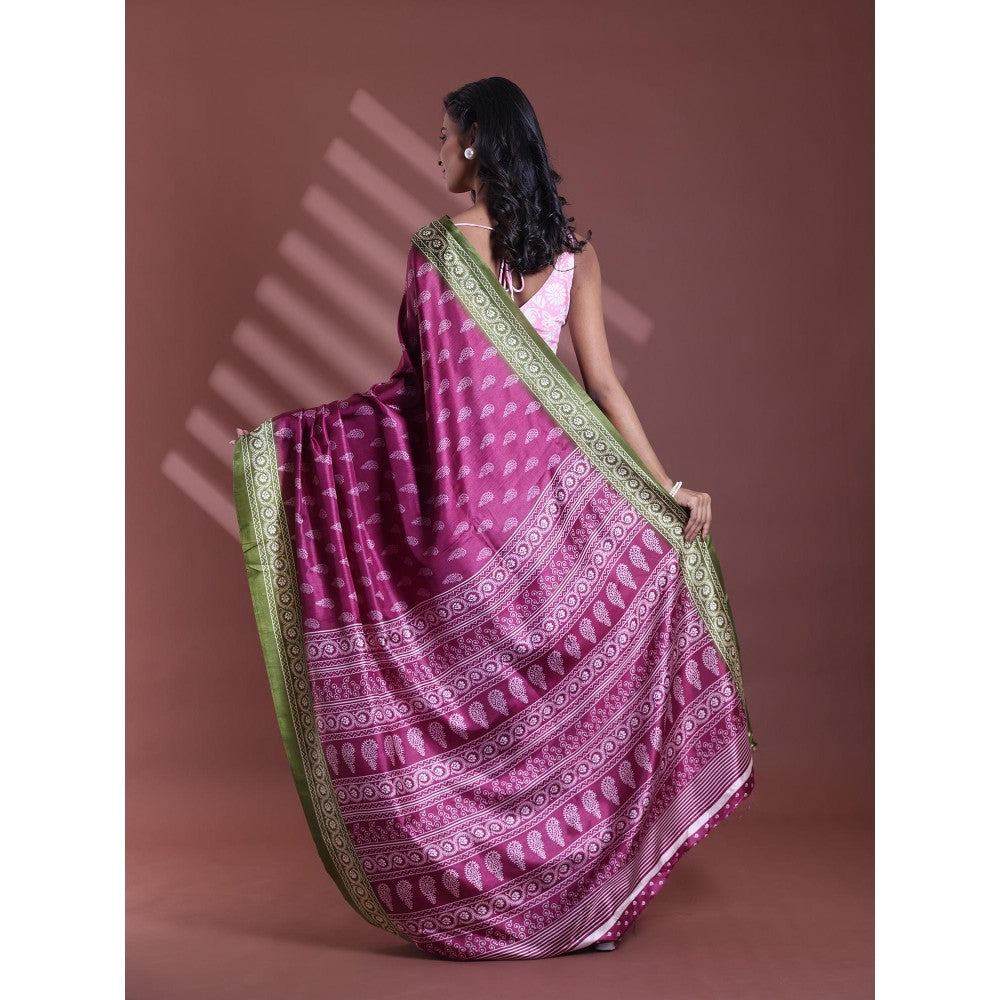 CHARUKRITI Burgundy Silk Soft Paisley Print Saree with Unstitched Blouse