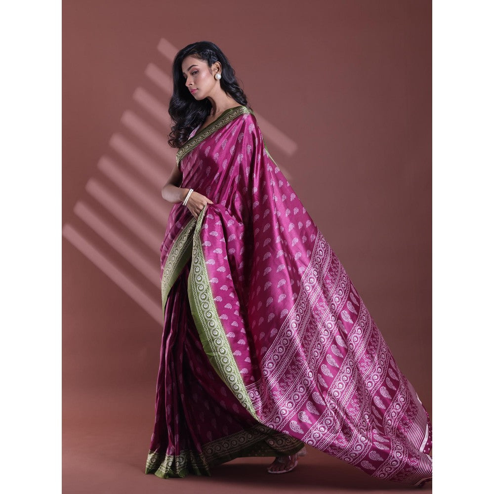 CHARUKRITI Burgundy Silk Soft Paisley Print Saree with Unstitched Blouse