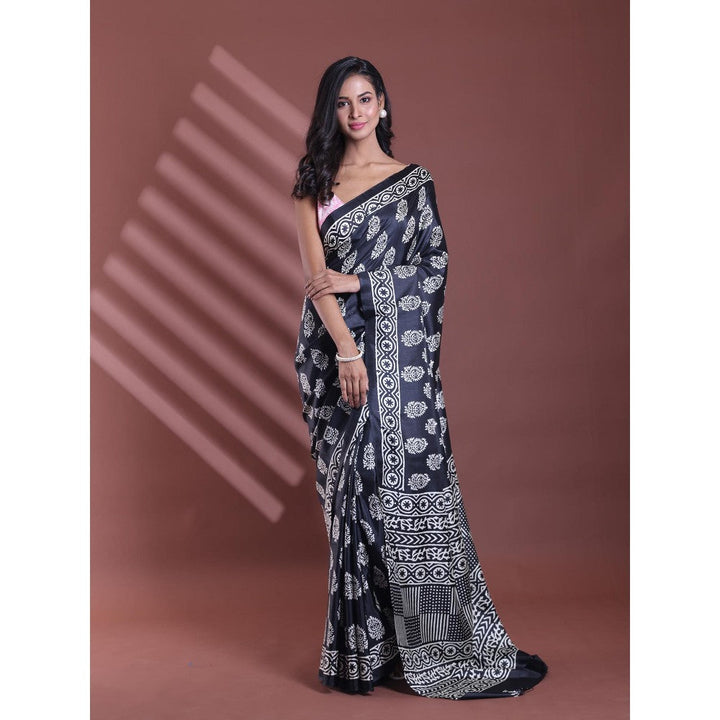 CHARUKRITI Black Silk Soft Paisley Print Saree with Unstitched Blouse