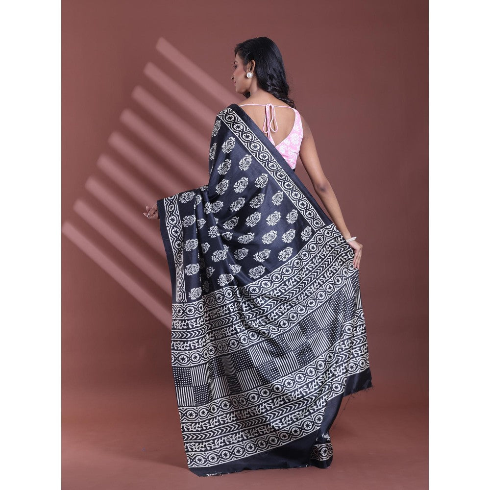 CHARUKRITI Black Silk Soft Paisley Print Saree with Unstitched Blouse