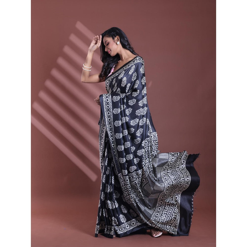 CHARUKRITI Black Silk Soft Paisley Print Saree with Unstitched Blouse