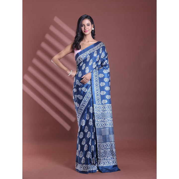 CHARUKRITI Blue Silk Soft Paisley Print Saree with Unstitched Blouse