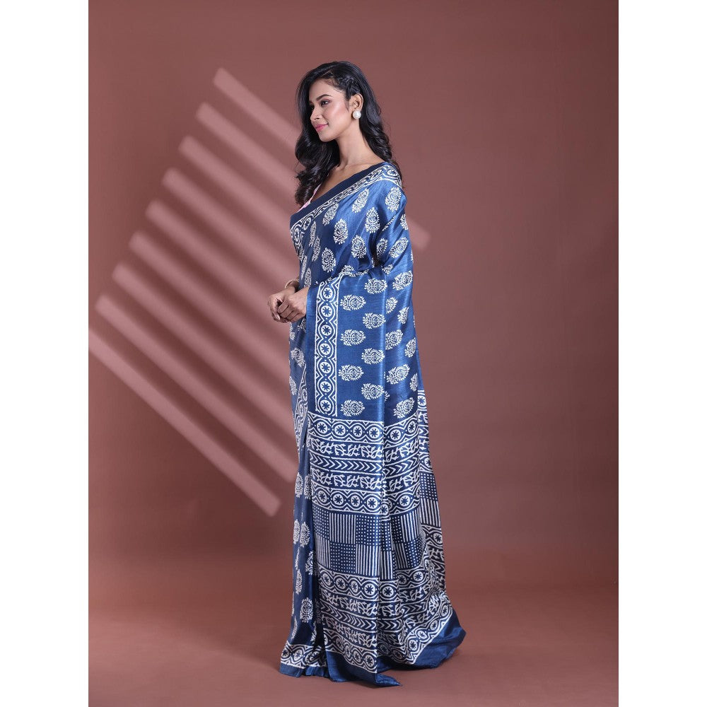 CHARUKRITI Blue Silk Soft Paisley Print Saree with Unstitched Blouse