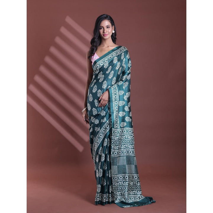 CHARUKRITI Green Silk Soft Paisley Print Saree with Unstitched Blouse