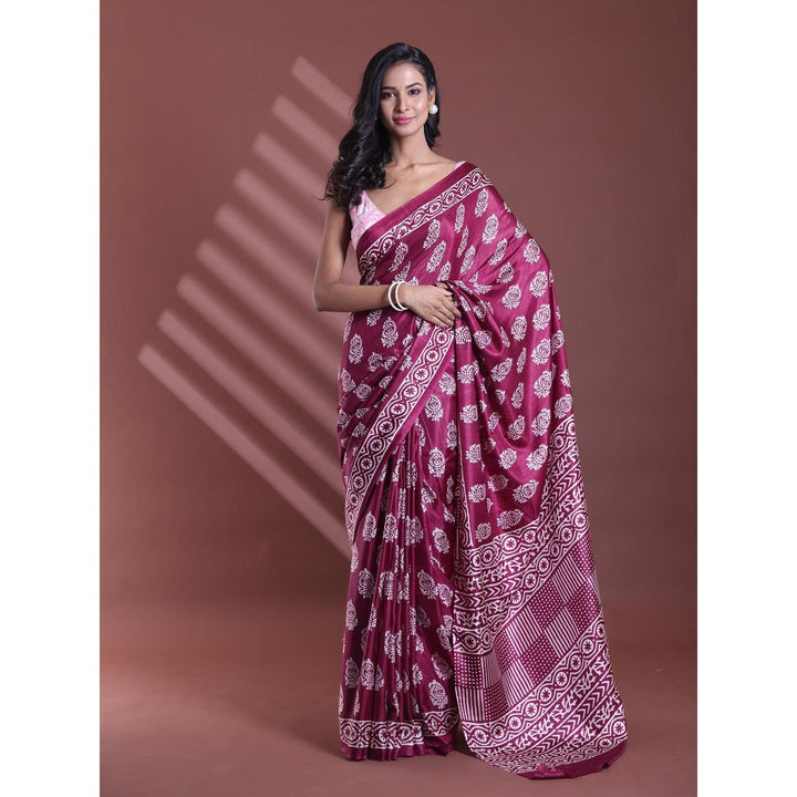 CHARUKRITI Dark Purple Silk Soft Paisley Print Saree with Unstitched Blouse