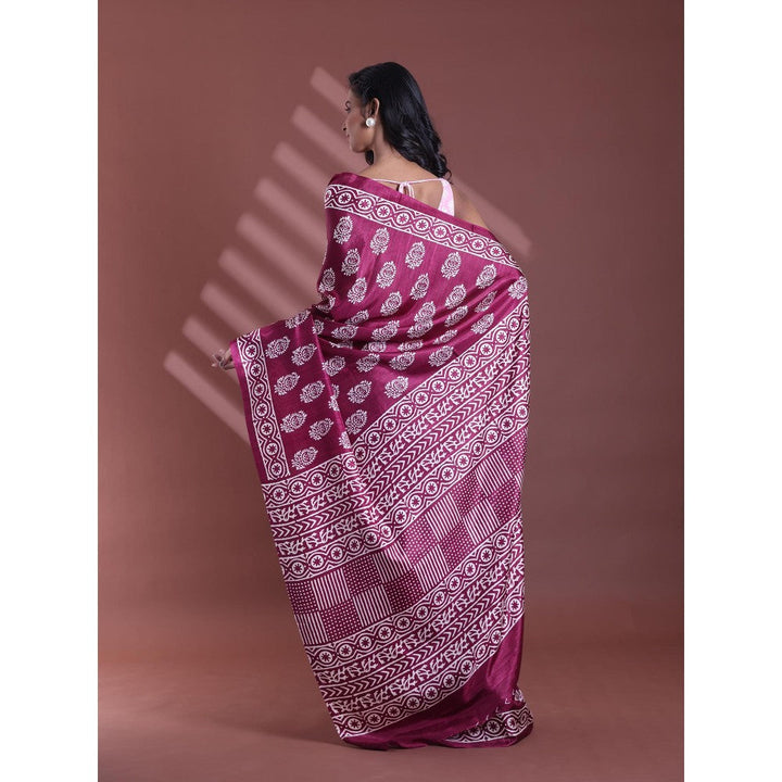 CHARUKRITI Dark Purple Silk Soft Paisley Print Saree with Unstitched Blouse