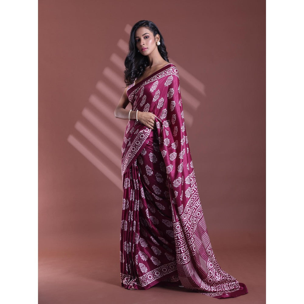 CHARUKRITI Dark Purple Silk Soft Paisley Print Saree with Unstitched Blouse