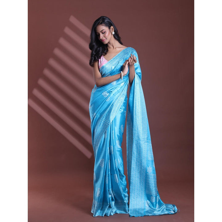 CHARUKRITI Sky Blue Silk Soft Paisley Print Saree with Unstitched Blouse