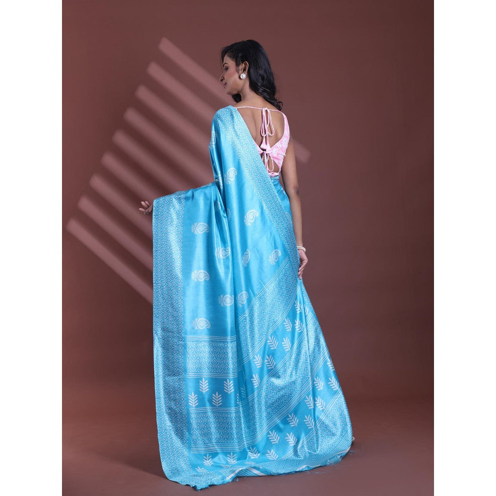 CHARUKRITI Sky Blue Silk Soft Paisley Print Saree with Unstitched Blouse