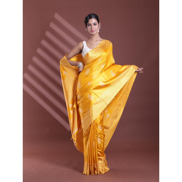 CHARUKRITI Yellow Silk Soft Paisley Print Saree with Unstitched Blouse