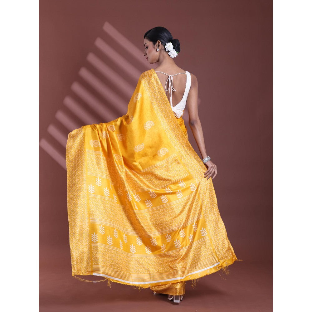 CHARUKRITI Yellow Silk Soft Paisley Print Saree with Unstitched Blouse