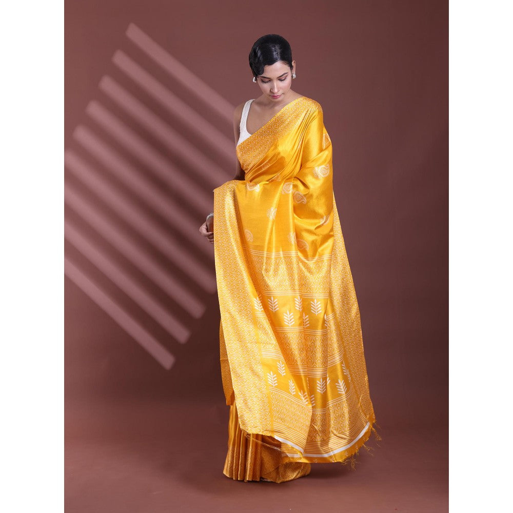 CHARUKRITI Yellow Silk Soft Paisley Print Saree with Unstitched Blouse