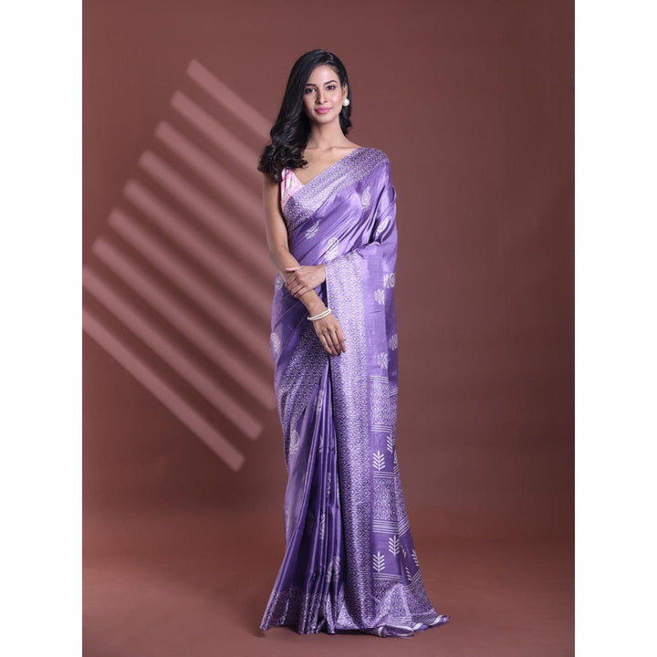 CHARUKRITI Violet Silk Soft Paisley Print Saree with Unstitched Blouse