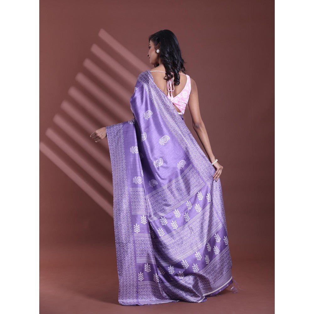 CHARUKRITI Violet Silk Soft Paisley Print Saree with Unstitched Blouse