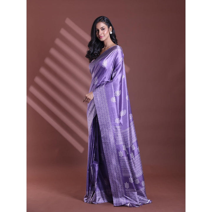 CHARUKRITI Violet Silk Soft Paisley Print Saree with Unstitched Blouse