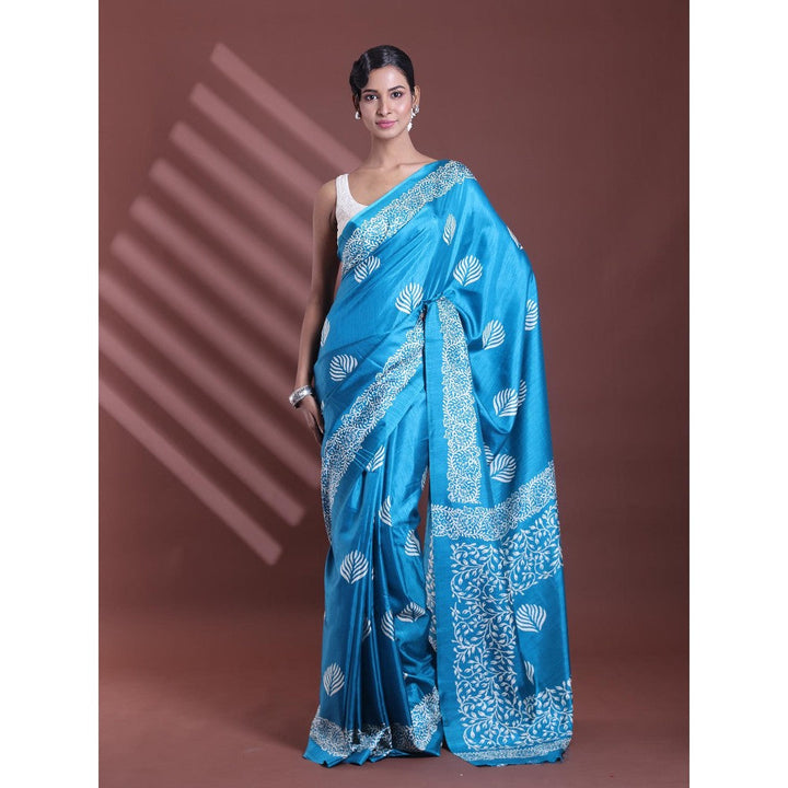 CHARUKRITI Sky Blue Silk Soft Printed Saree with Unstitched Blouse