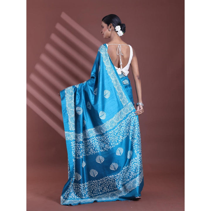 CHARUKRITI Sky Blue Silk Soft Printed Saree with Unstitched Blouse