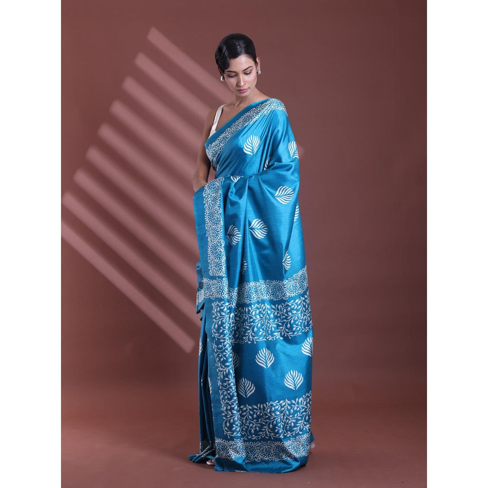 CHARUKRITI Sky Blue Silk Soft Printed Saree with Unstitched Blouse