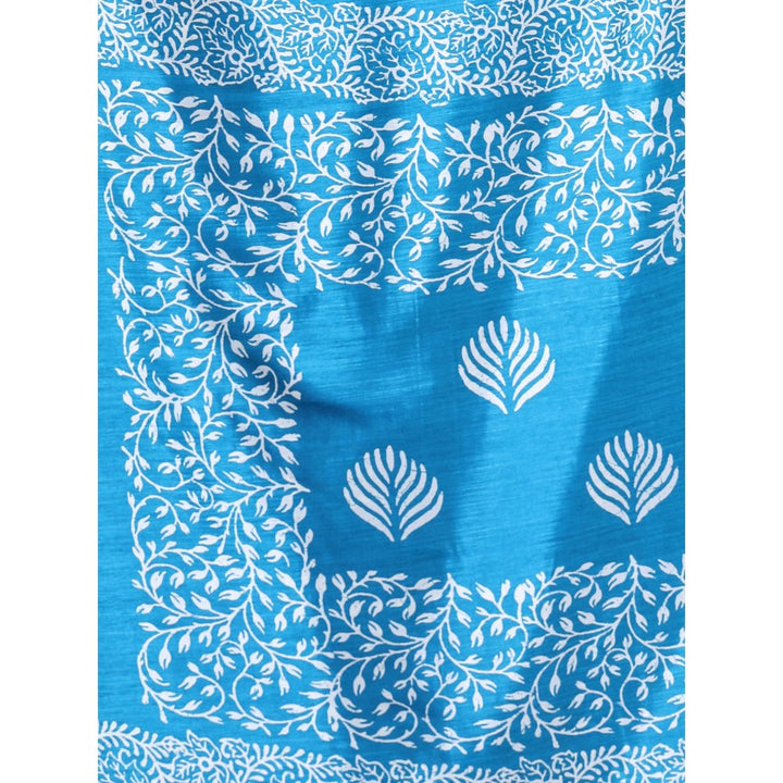 CHARUKRITI Sky Blue Silk Soft Printed Saree with Unstitched Blouse