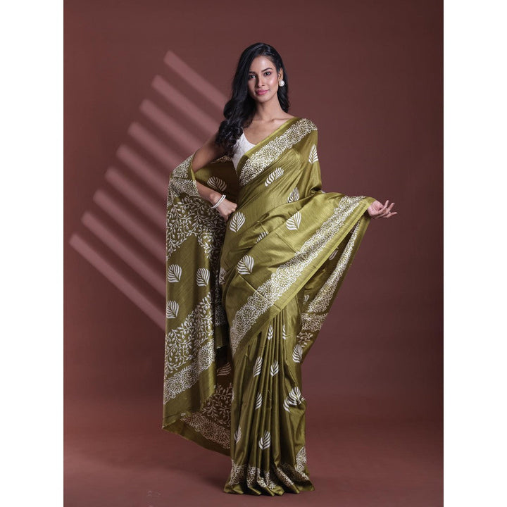 CHARUKRITI Green Silk Soft Printed Saree with Unstitched Blouse