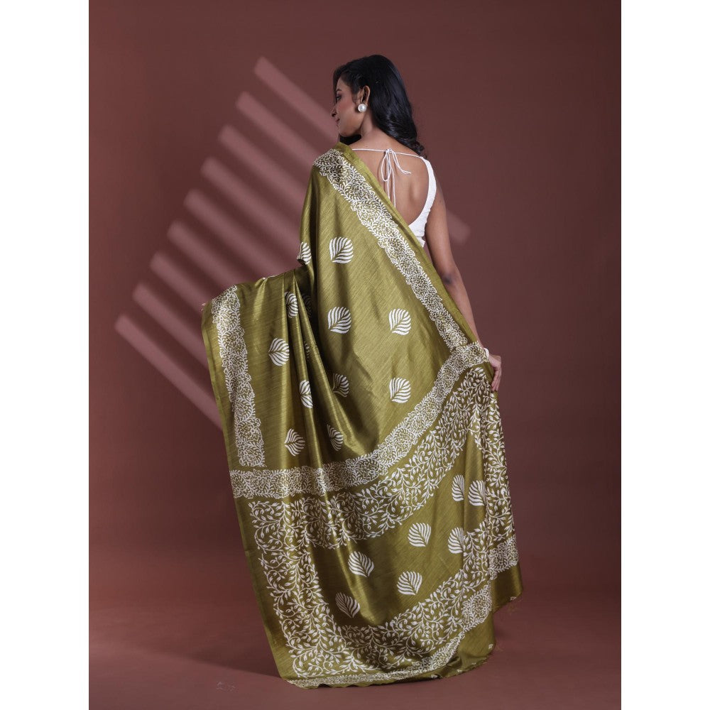 CHARUKRITI Green Silk Soft Printed Saree with Unstitched Blouse