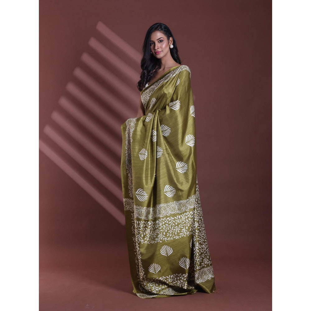 CHARUKRITI Green Silk Soft Printed Saree with Unstitched Blouse